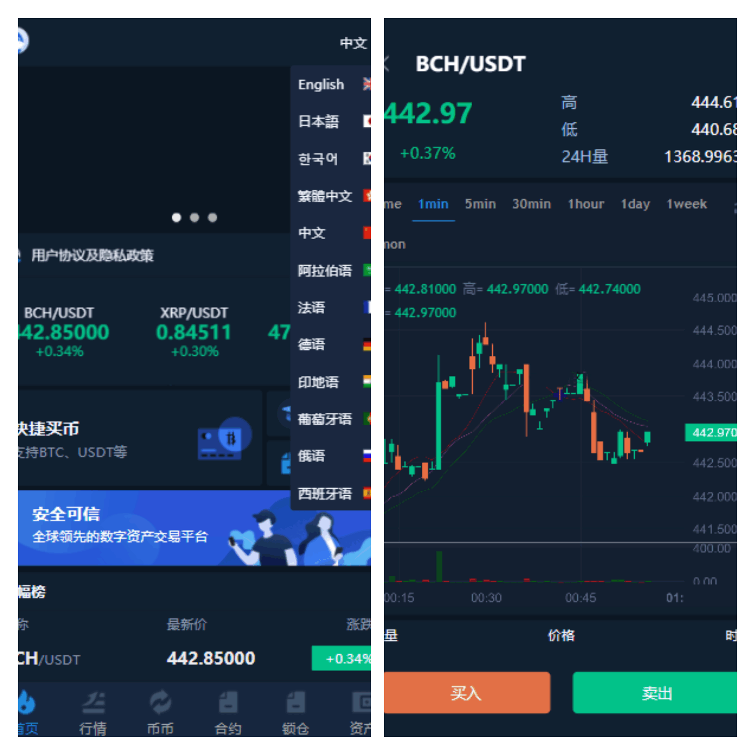 多语言交易所/12国语言/秒合约/申购/锁仓/K线完整/脚本最全/带教程/日夜模式